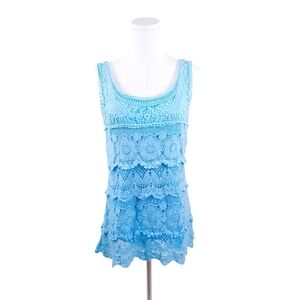 Jennie & Marlis Light Blue Lace Dress Tiered Sleeveless Crochet Aqua Size S